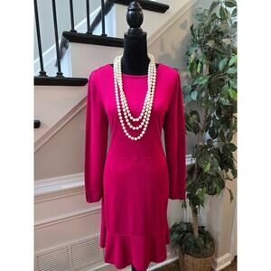 LOFT Flared Dress Women's Size 14 Fuchsia Pink Casual V-Neck 3/4 Sleeves